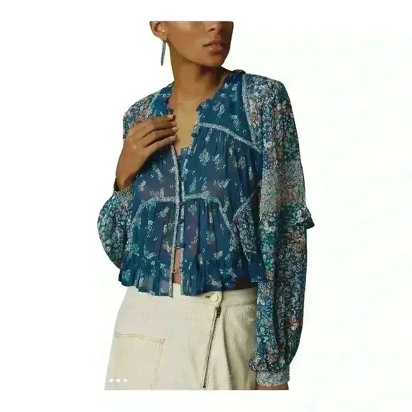 Anthropologie NWT Boho Blue Floral Sheer Babydoll Cropped Oversized Blouse XS - Picture 1 of 10